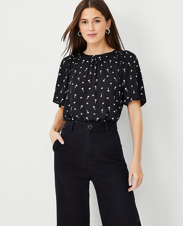 Floral Mixed Media Smocked Neck Top