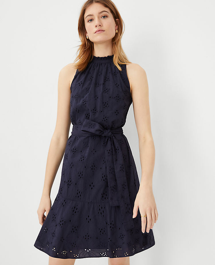 Eyelet Mock Neck Belted Flare Dress
