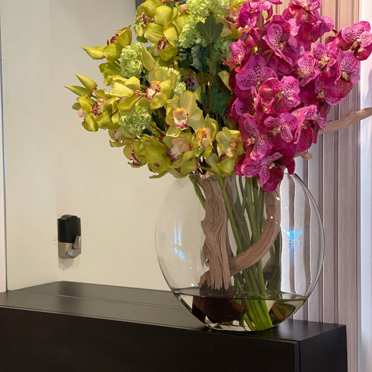 Moon Vase with Green Snowball Hydrangeas, Green Cymbidiums and Fuchsia Vanda Orchids