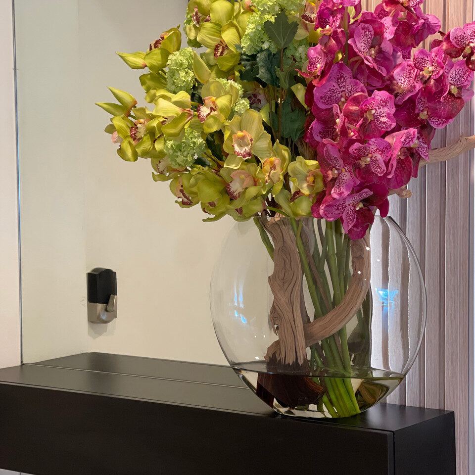 Moon Vase with Green Snowball Hydrangeas, Green Cymbidiums and Fuchsia Vanda Orchids