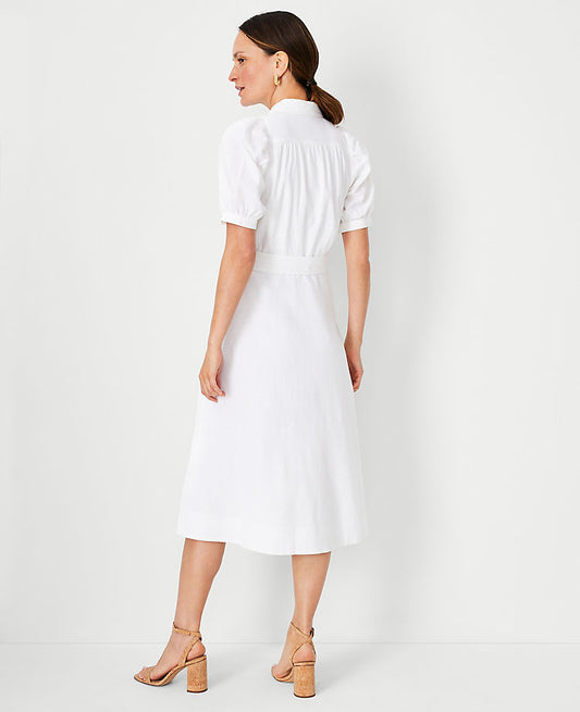 Robe chemise à manches bouffantes et poches en lin mélangé