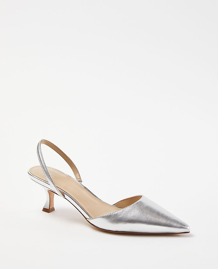 Escarpins à bride arrière en cuir métallisé à petit talon