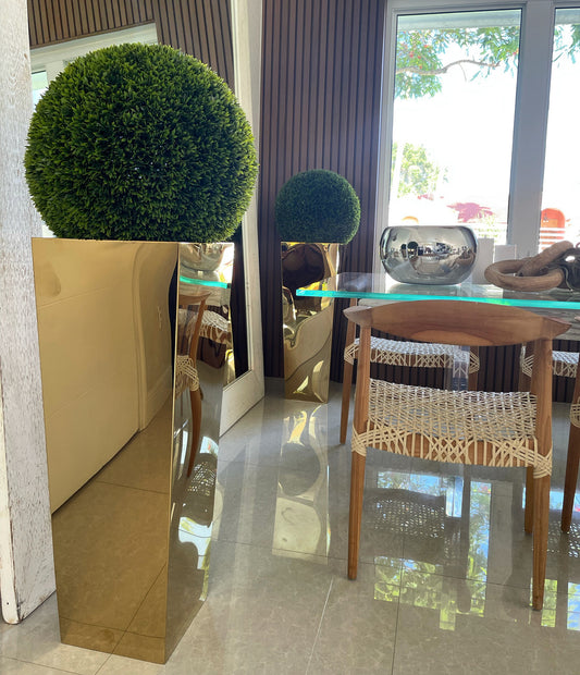 Gold Cube Planters with 20″ Topiaries