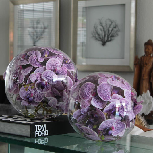 12″ Crosswinds vase with purple orchids