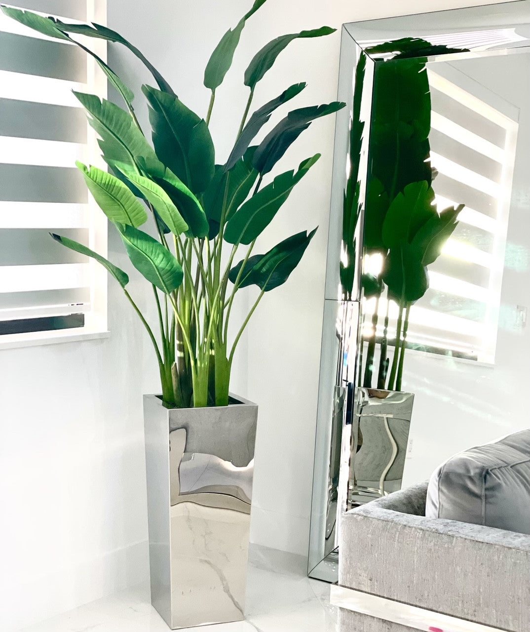 Medium Stainless Steel Cube Planter with Bird of Paradise (7′)