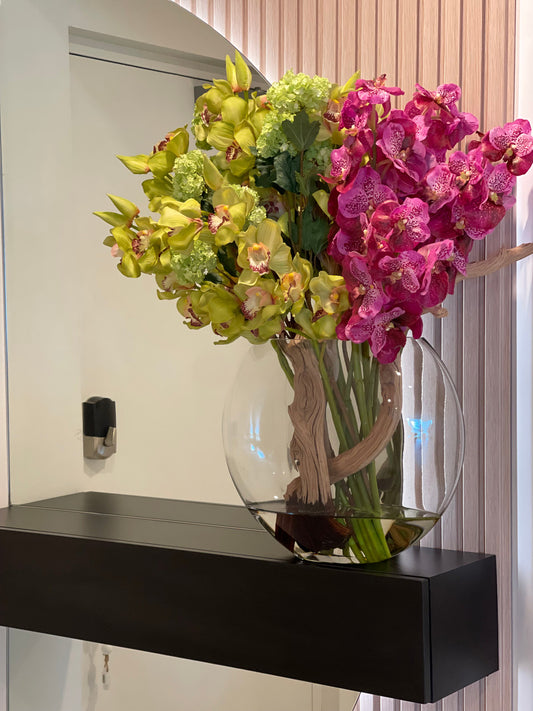 Moon Vase with Green Snowball Hydrangeas, Green Cymbidiums and Fuchsia Vanda Orchids