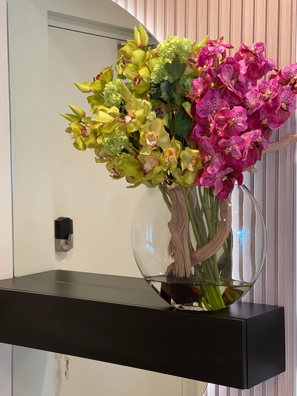 Moon Vase with Green Snowball Hydrangeas, Green Cymbidiums and Fuchsia Vanda Orchids