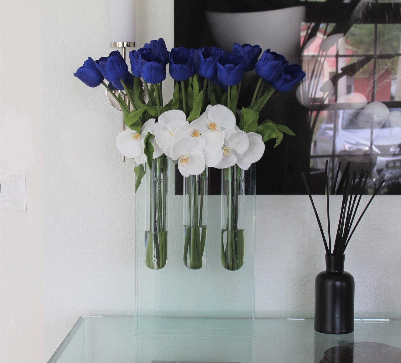 Triple bud vase with blue tulips(Out of Stock)