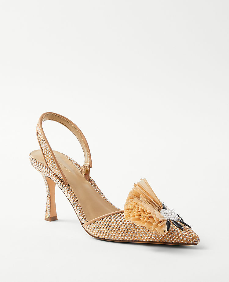 Slingback-Pumps mit Metallic-Strohverzierung