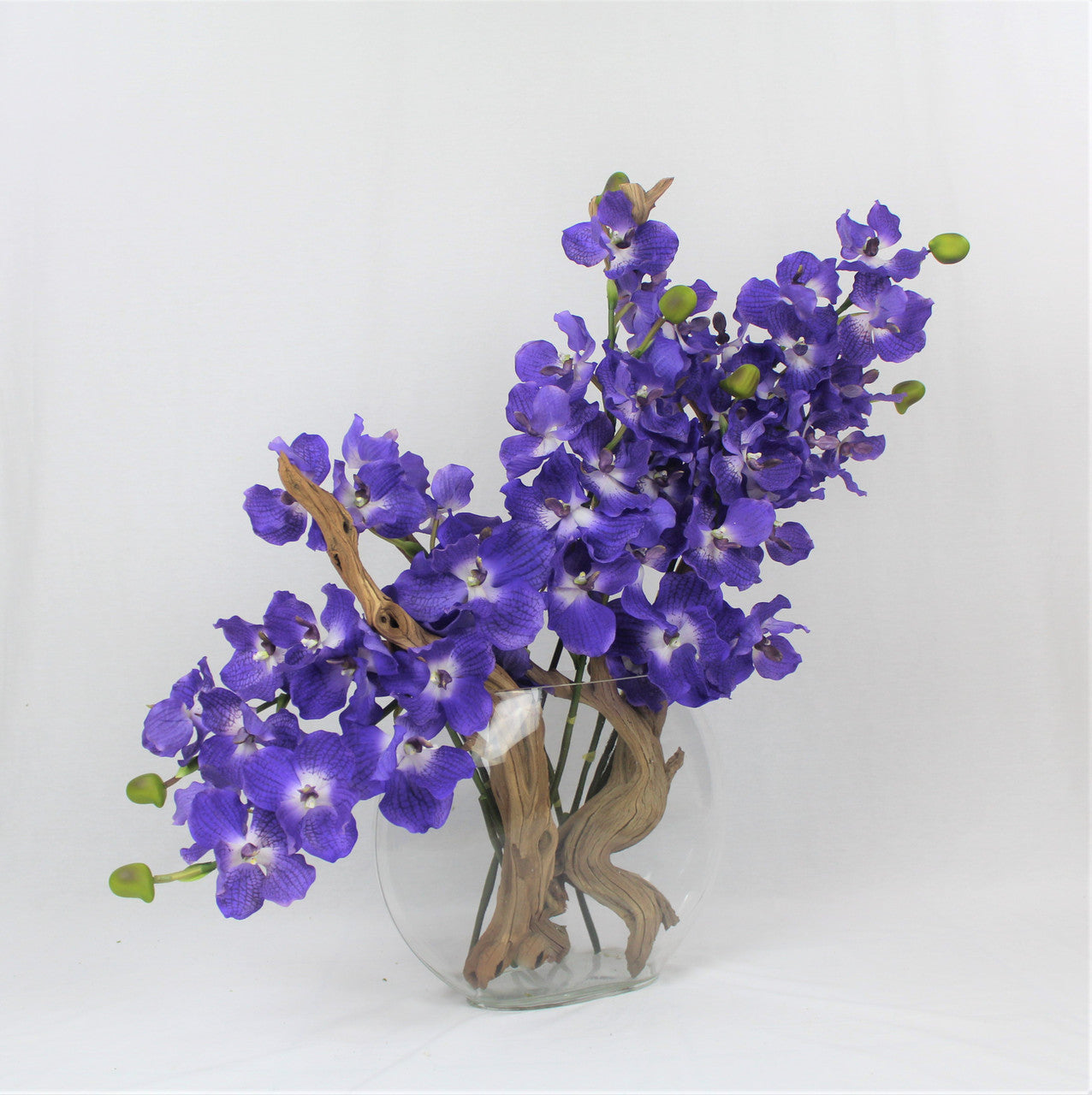 Vase lune de 40 cm avec orchidées Vanda violettes