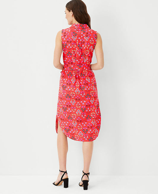 Robe chemise sans manches en lin mélangé à motif floral