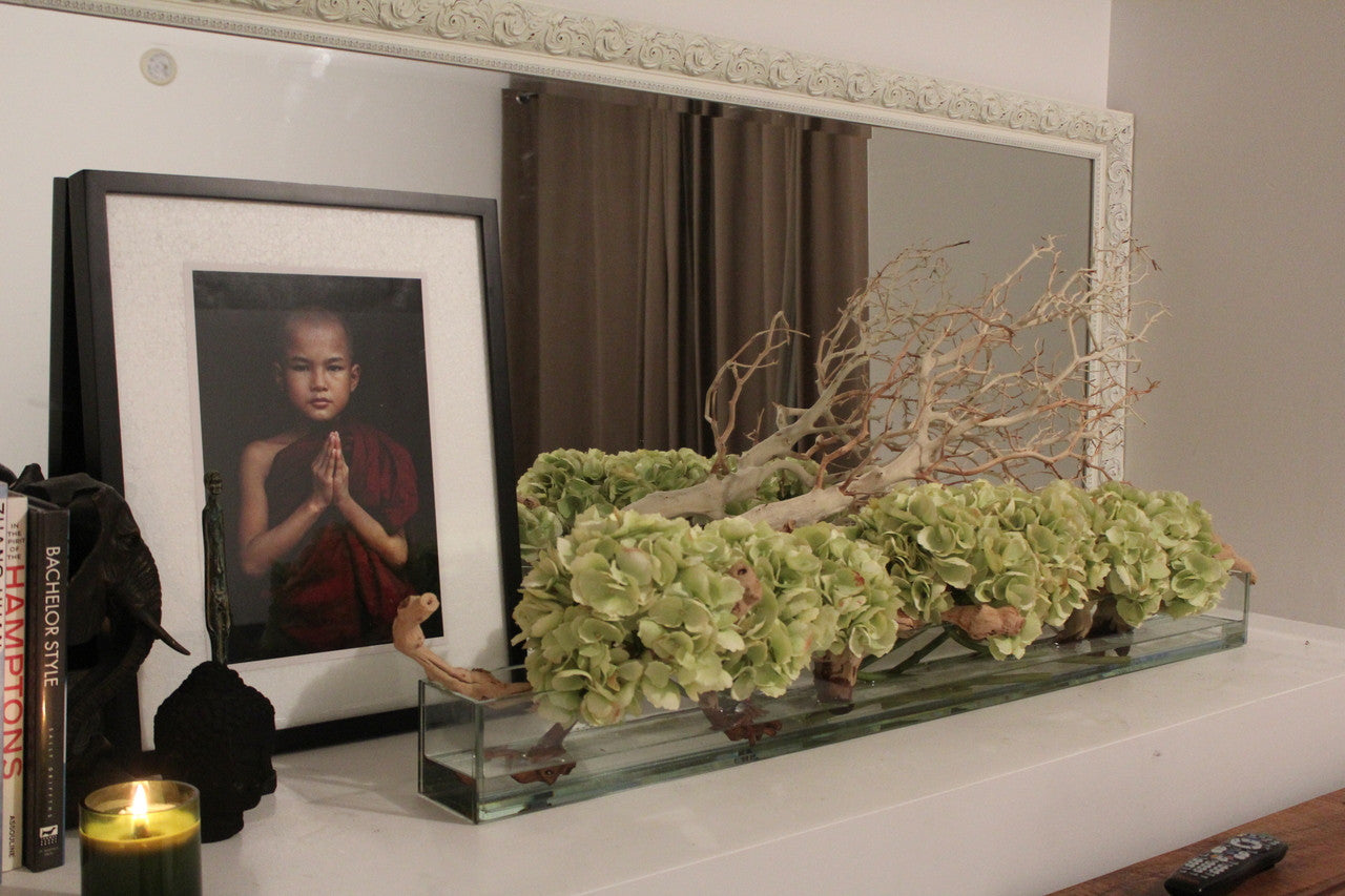 Casa Moderna Glass Plate Planter with Hydrangeas and Driftwood