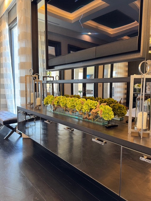 48″ Casa Moderna Glass Plate Planter with Green Hydrangeas and Driftwood