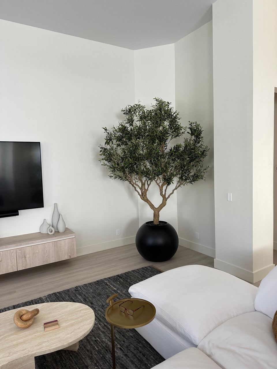 Olive Tree in Matte Black 30″ Globe Planter