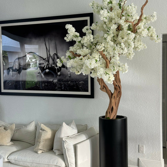 Most popular matte black st tropez planter with custom made white cherry blossom tree