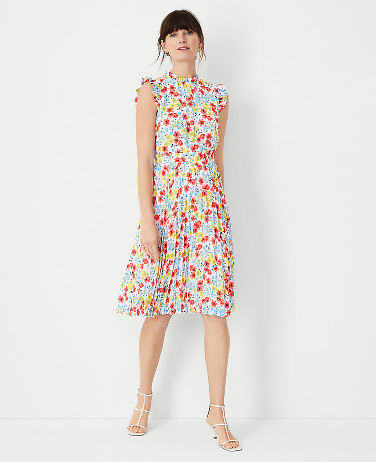 Floral Ruffle Pleated Flare Dress
