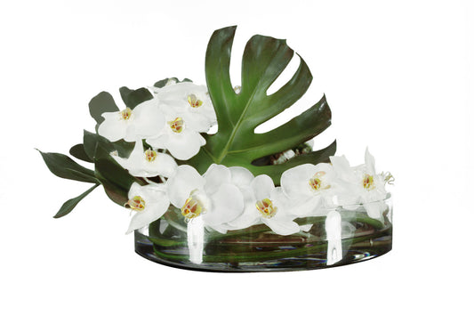 Bol Heritage de 16″ avec feuille de Monstera et orchidées blanches