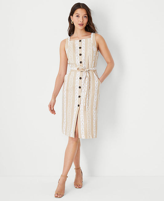 Robe dos nu rayée en mélange de lin avec poches