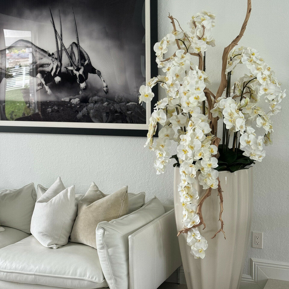 Flower arrangements san jose planter in sand beige with cascading white orchids