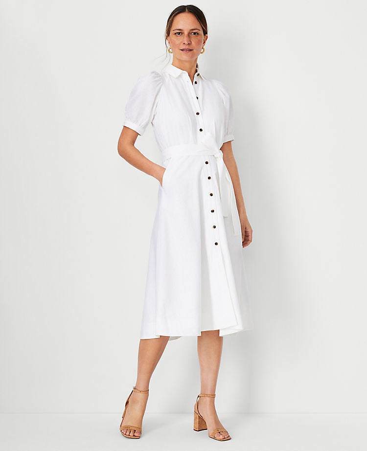 Leinenmischgewebe Puffärmel Hemdblusenkleid mit Taschen