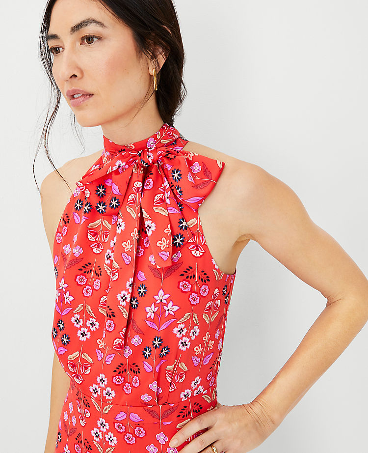 Floral Tie Neck Flare Dress