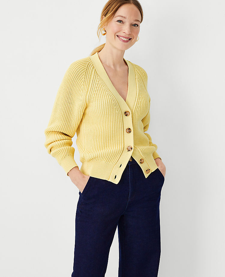 Cardigan à col en V, motif côtelé, coupe évasée