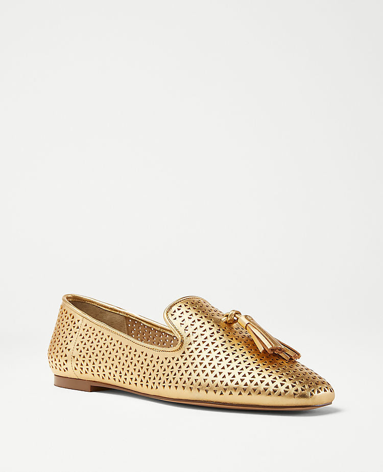 Perforated Metallic Leather Tassel Loafer Flats