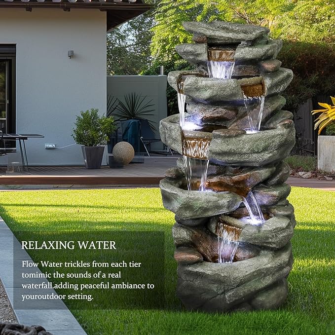 51″ Tall Outdoor 6-TierRainforest Waterfall Fountain with 30 LED Lights