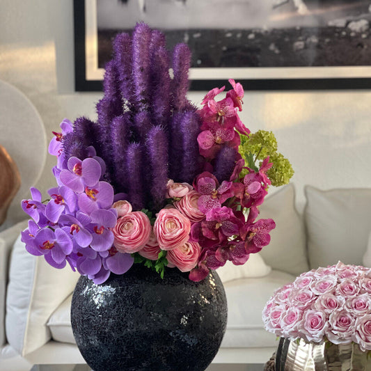 Black Mosaic Vase with Liatris and Orchids