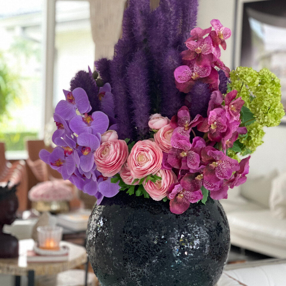 Black Mosaic Vase with Liatris and Orchids