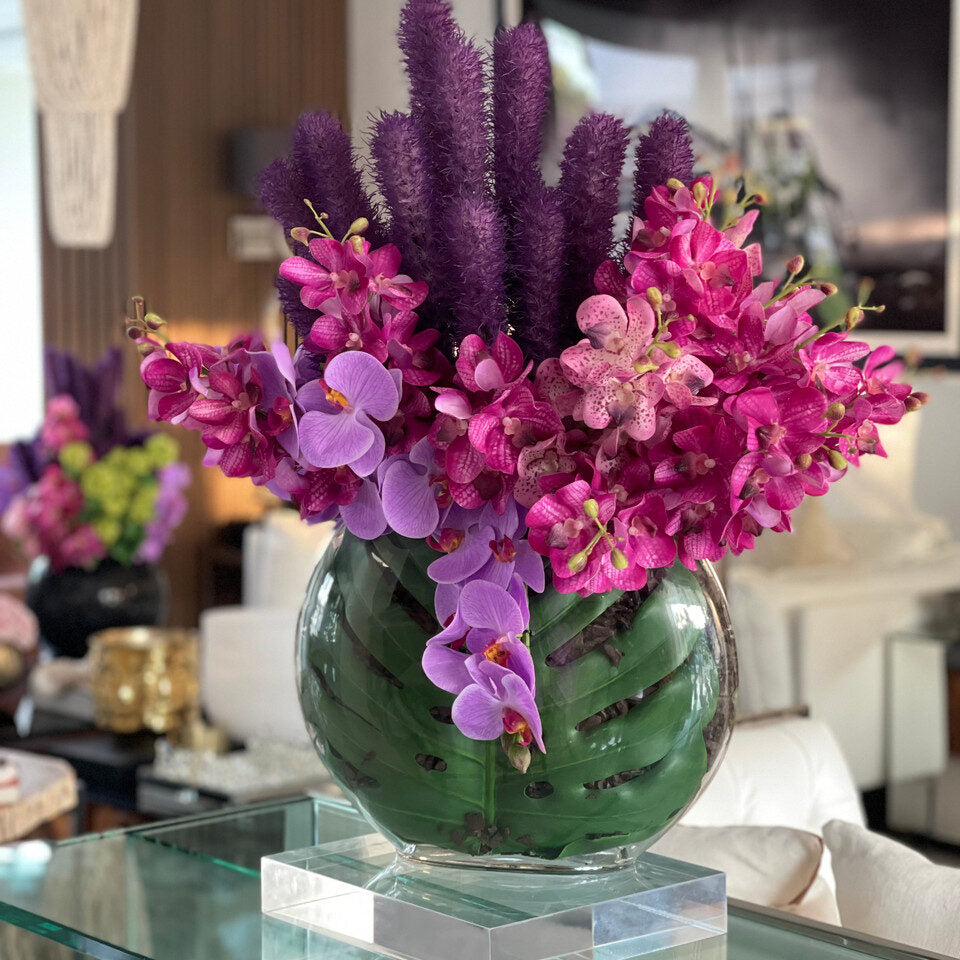 Vase Lune avec Liatris et Orchidées Vanda