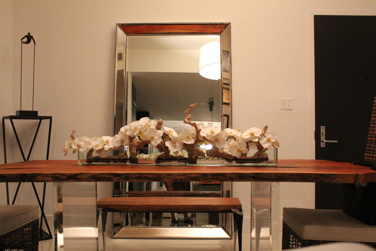 48″ Casa Moderna Glass Plate Planter with white orchids