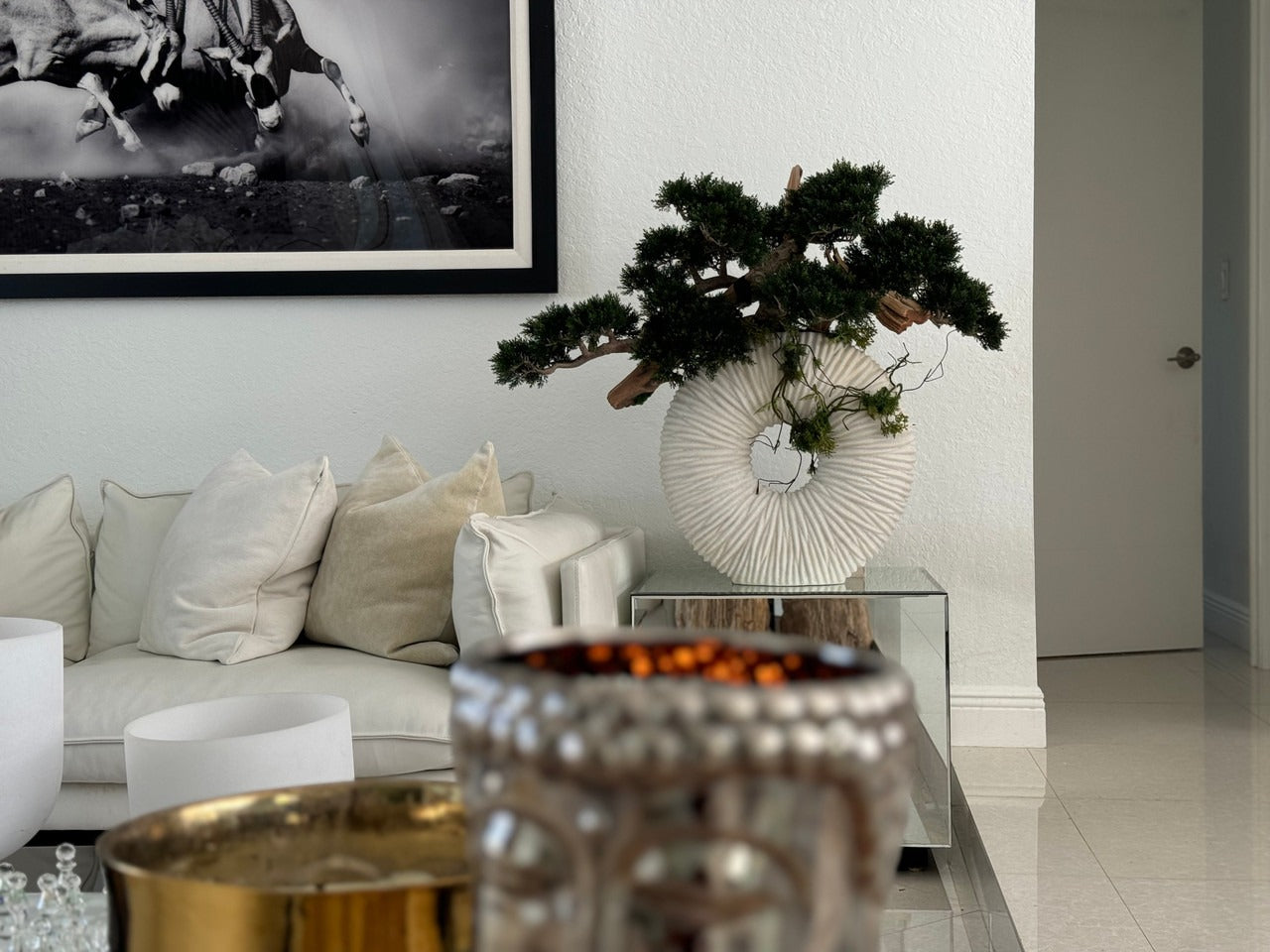 Medium Eternity Vase with Trailing Bonsai Tree and Driftwood