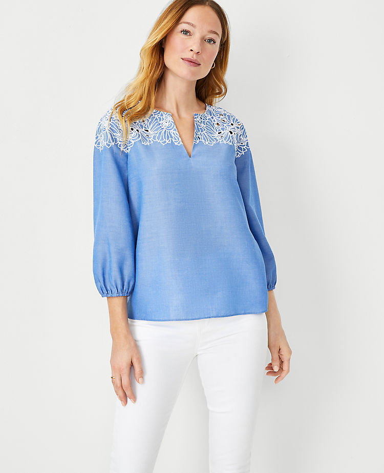 Embroidered Chambray Top