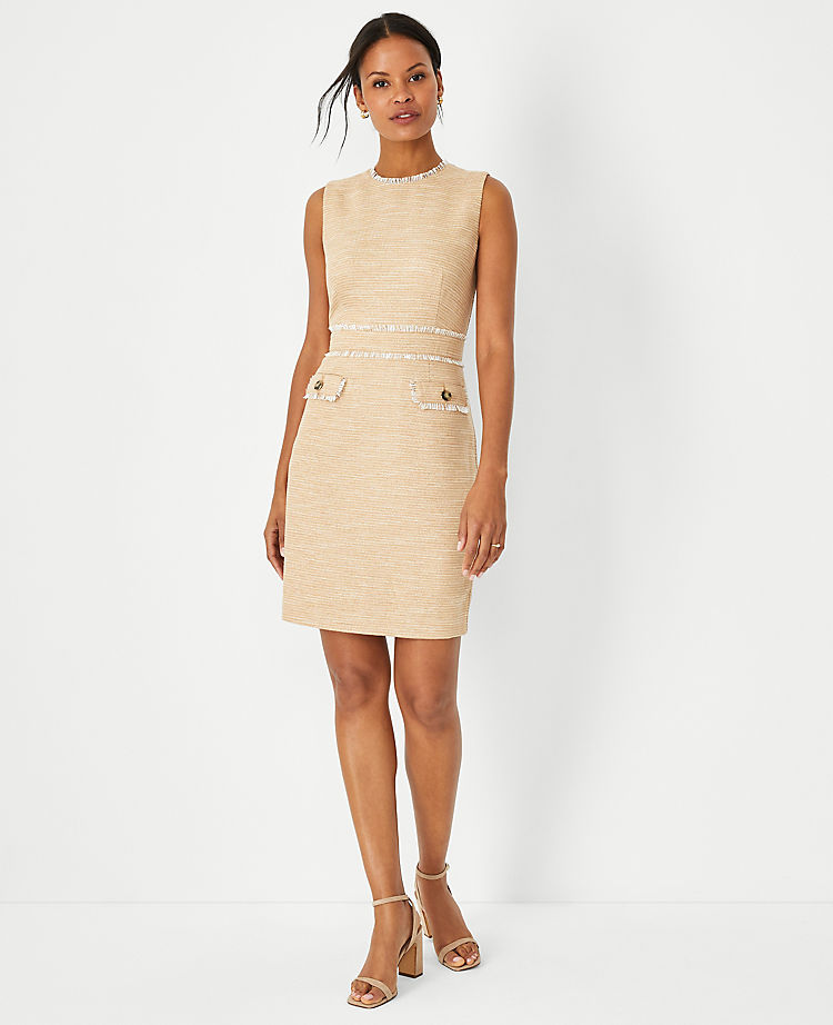 Shimmer Tweed Button Pocket Sheath Dress