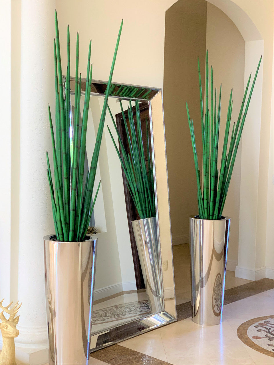 Grand cône en acier inoxydable poli avec grande plante d'herbe de serpent