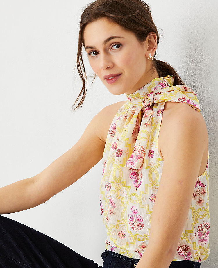 Shimmer Stripe Tile Print Bow Halter Top