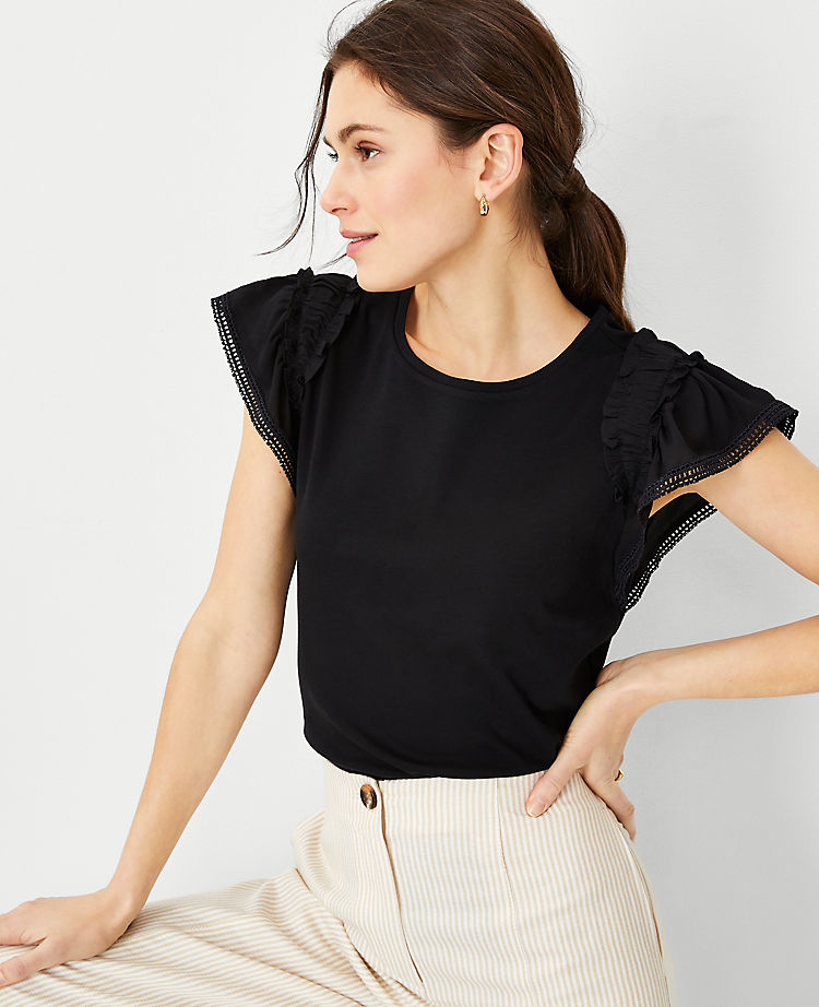 Mixed Media Ruffle Flutter Sleeve Top