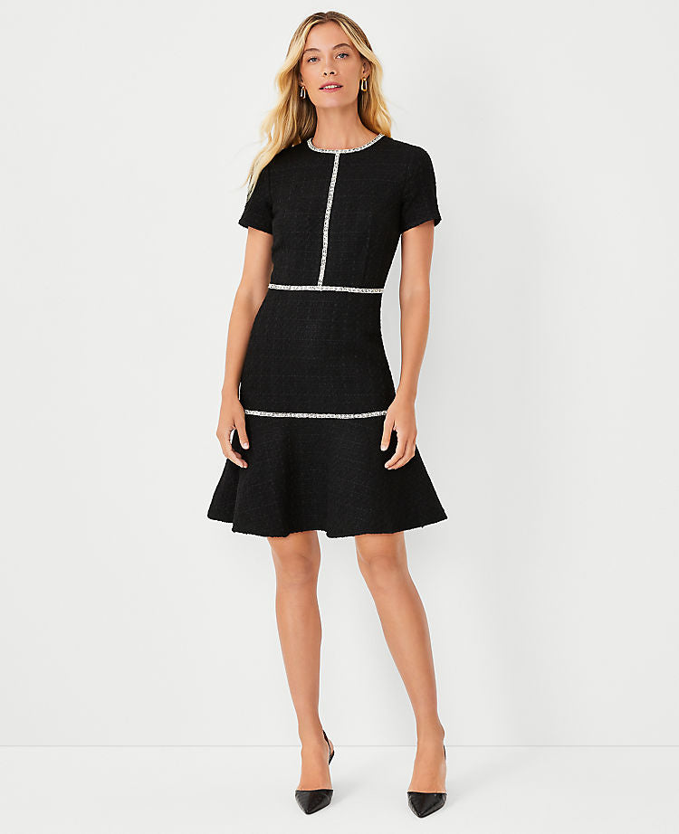 Contrast Trim Tweed Flounce Dress