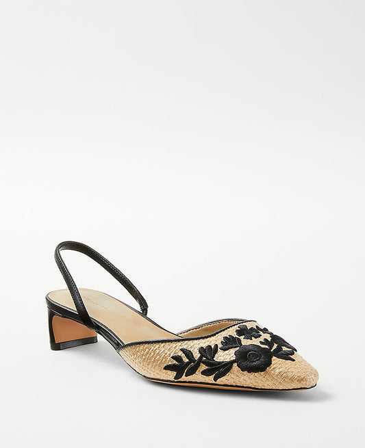 Escarpins Slingback à Talon Lame en Paille Brodé