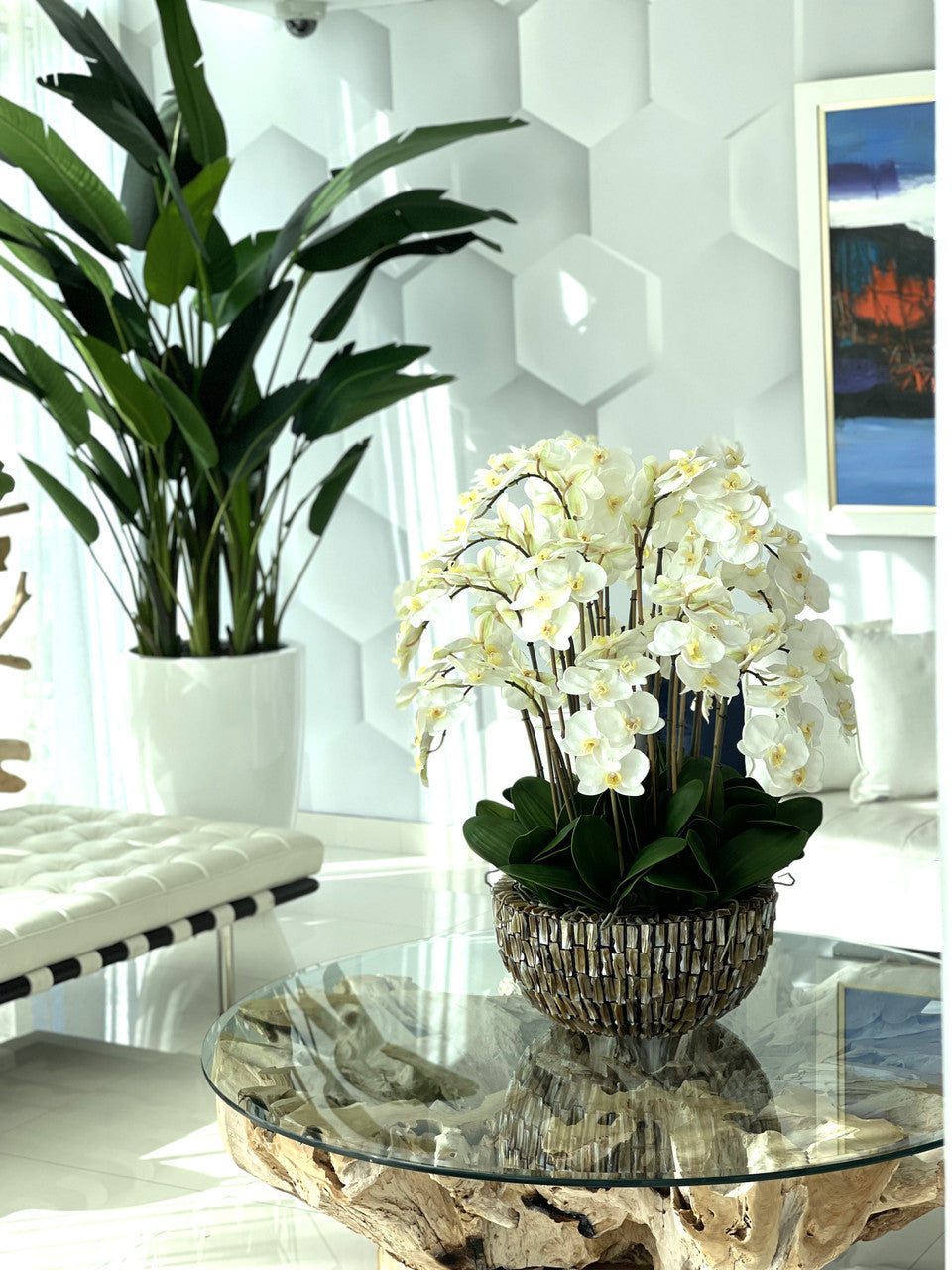 Vase géant en ormeau avec orchidées blanches en cascade
