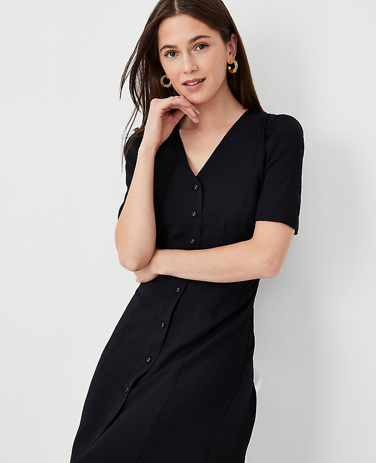 Twill Puff Sleeve Midi Dress