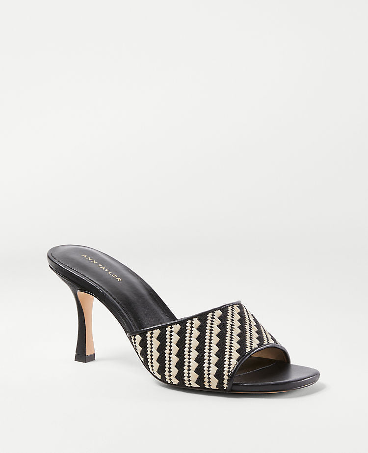 Mules à talon mi-haut en paille tressée et cuir