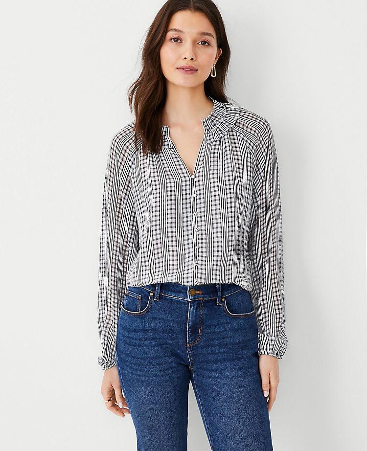 Plaid Ruffled Raglan Sleeve Top