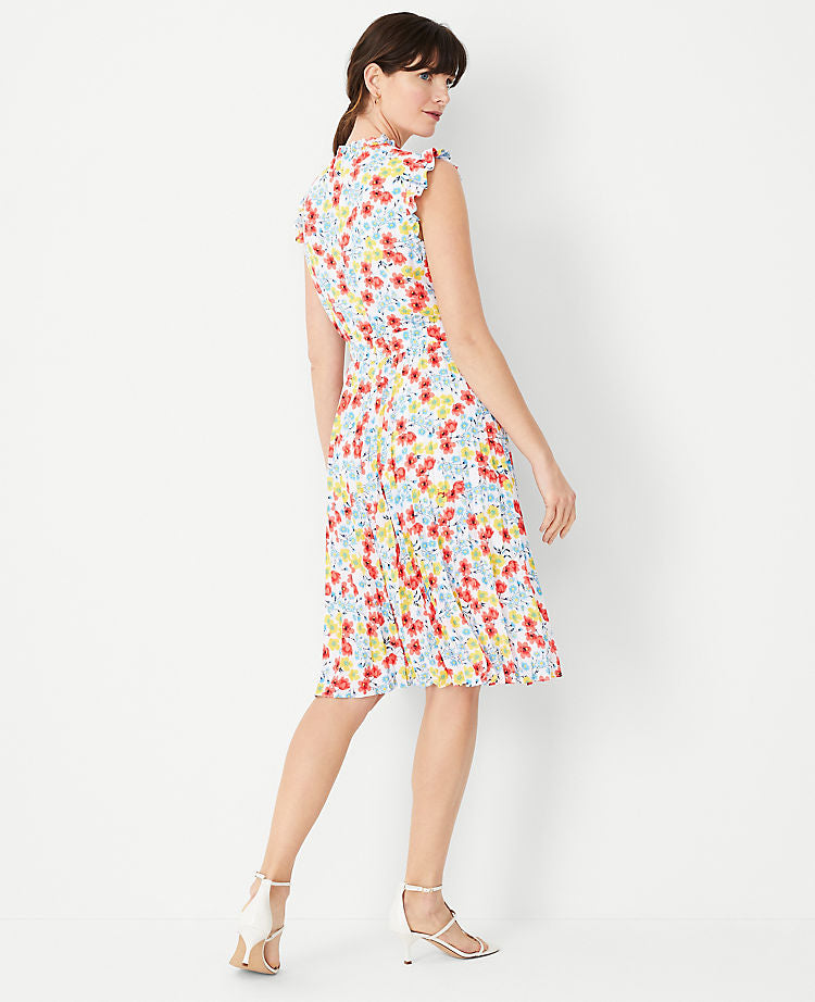Floral Ruffle Pleated Flare Dress