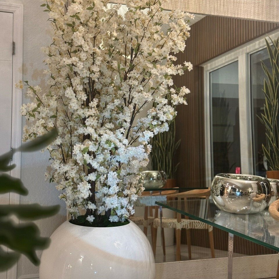 Flower arrangements white globe with white cherry blossom