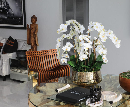 Phalaenopsis Orchids Floral Arrangement in Large Gold Planter