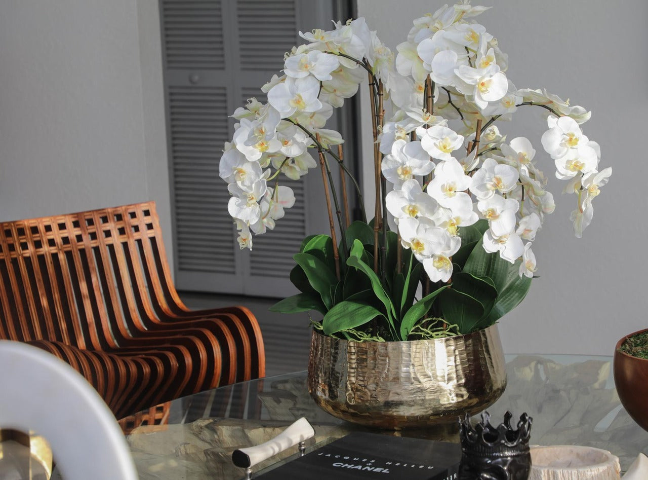 Phalaenopsis Orchids Floral Arrangement in Large Gold Planter