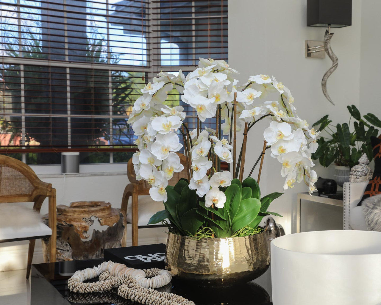 Phalaenopsis Orchids Floral Arrangement in Large Gold Planter