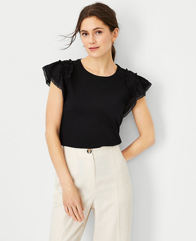 Mixed Media Ruffle Flutter Sleeve Top